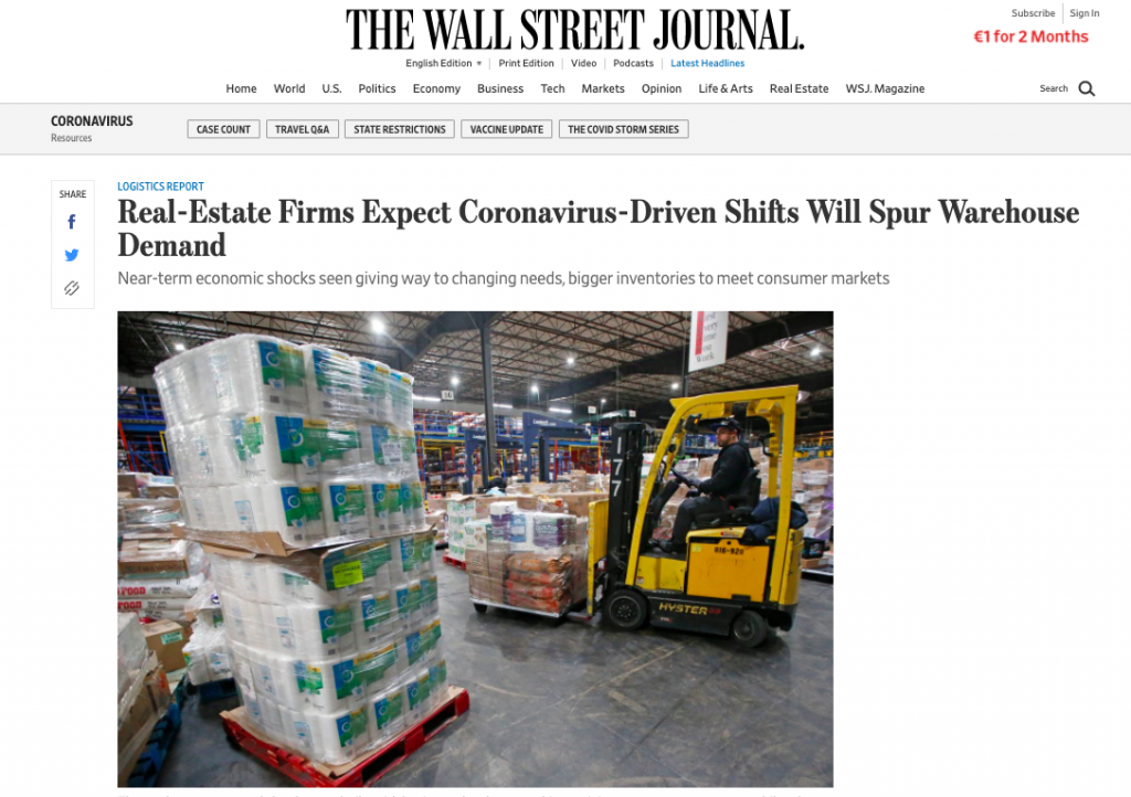 Real-Estate Firms Expect Coronavirus-Driven Shifts Will Spur Warehouse Demand